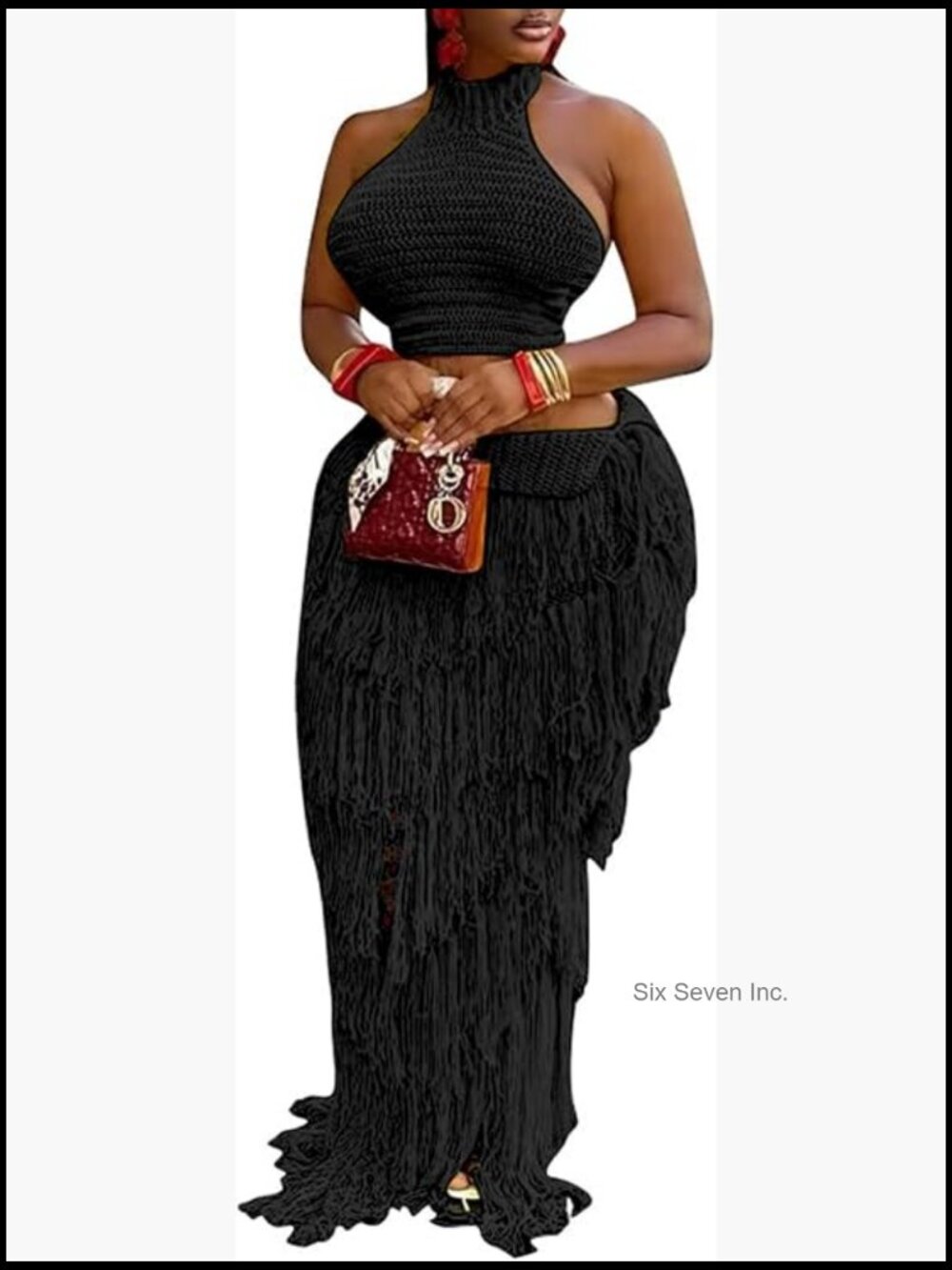 Crochet 2 Piece Set Halter Crop Top and Bodycon Long Skirt Fringe Outfits